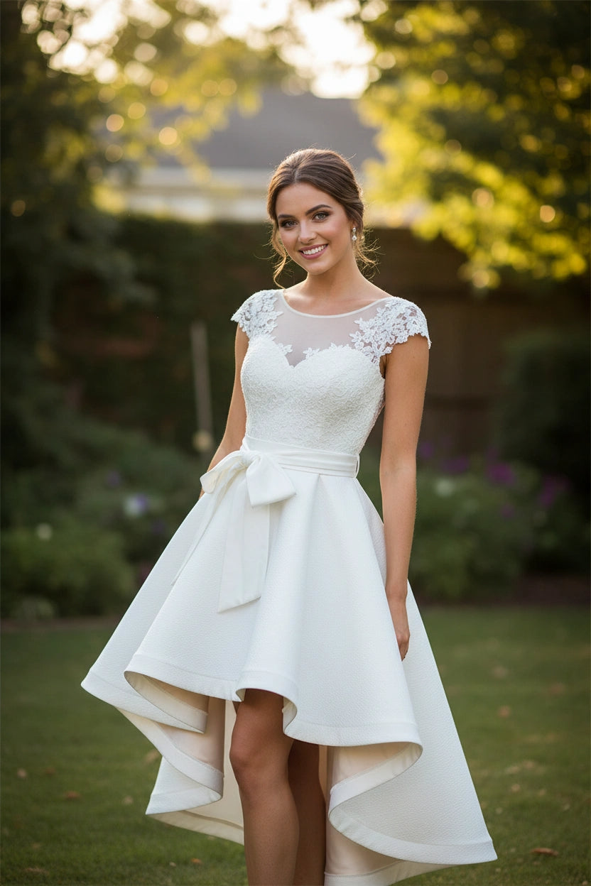 Scoop Neck Cap Sleeves Lace Bodice Satin Skirt High-low Wedding Dress with detachable belt