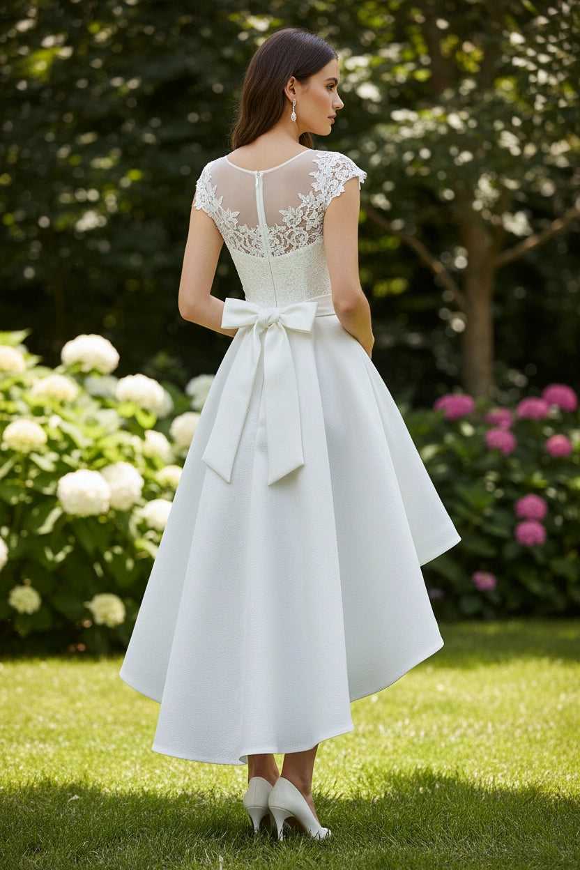 Scoop Neck Cap Sleeves Lace Bodice Satin Skirt High-low Wedding Dress with detachable belt
