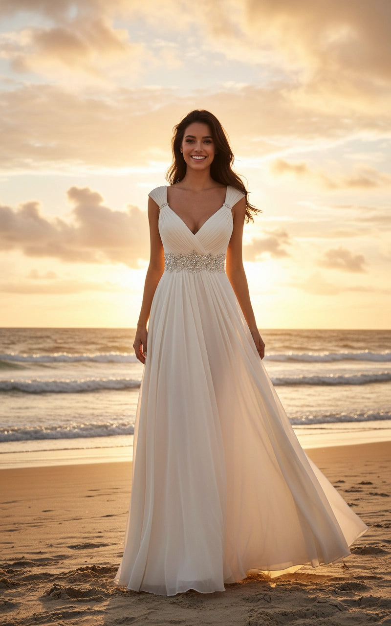 Cap Sleeves V-Neck Beaded Waist A-line Chiffon Wedding Dress with Shoulder Drapes