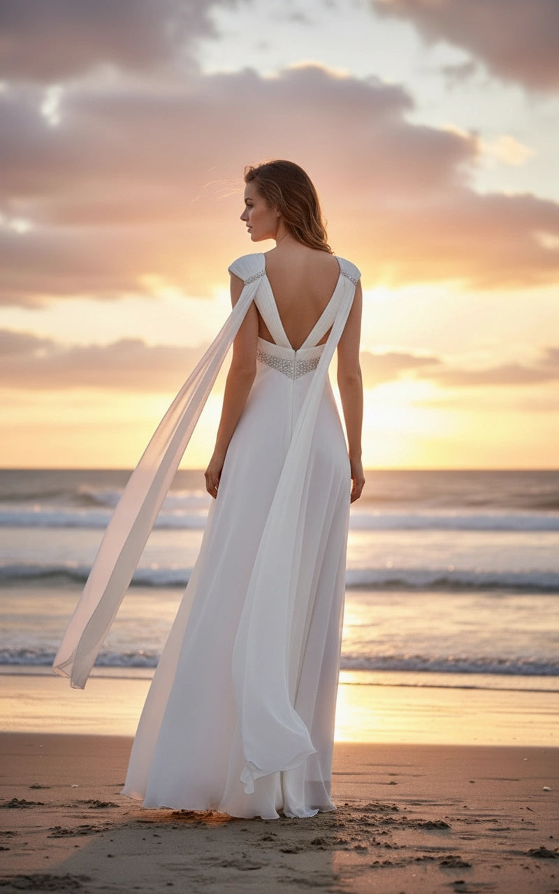 Cap Sleeves V-Neck Beaded Waist A-line Chiffon Wedding Dress with Shoulder Drapes