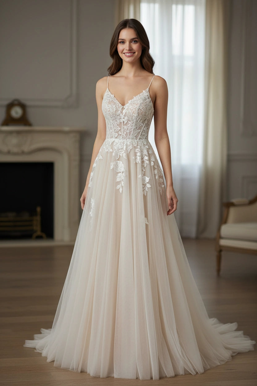 Spaghetti Straps Lace Bodice Tulle Skirt A-line Wedding Dress