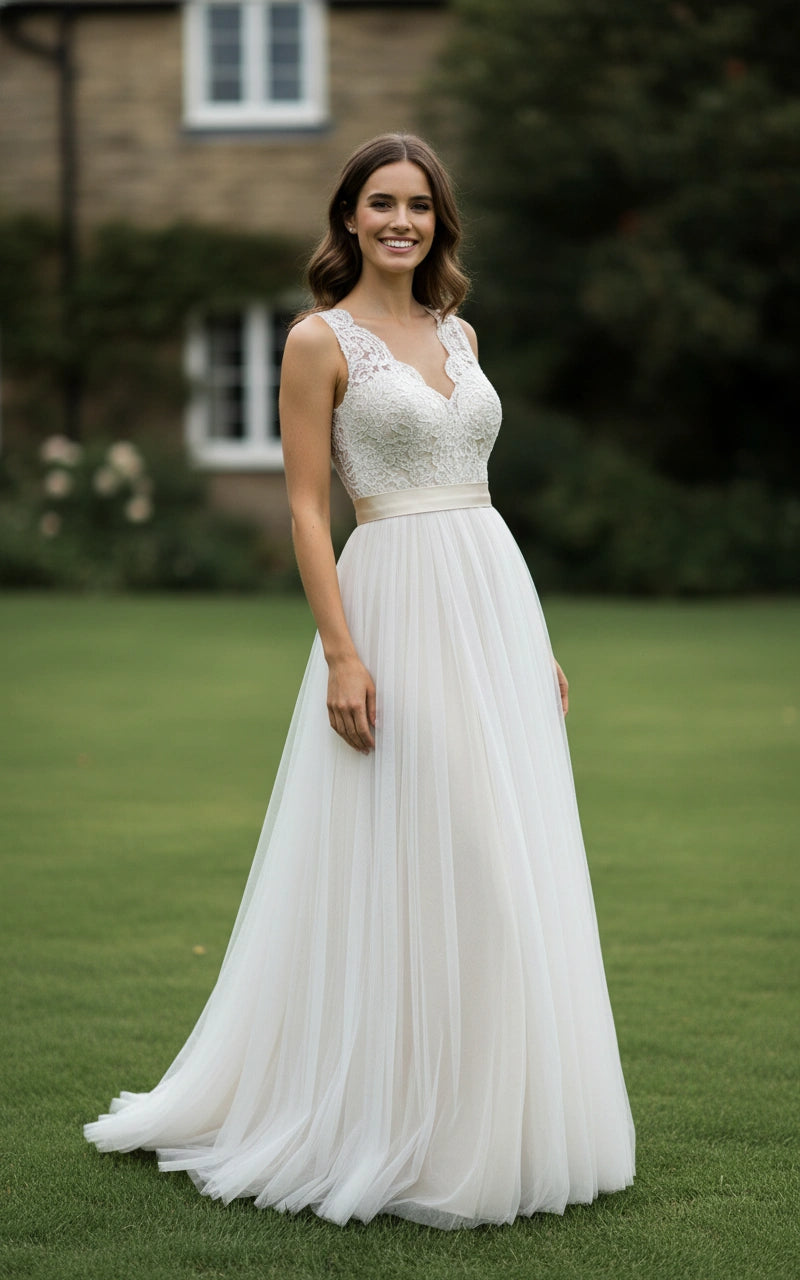 Scallop V-Neck Lace Bodice Tulle Skirt A-line Wedding Dress with Detachable Sash