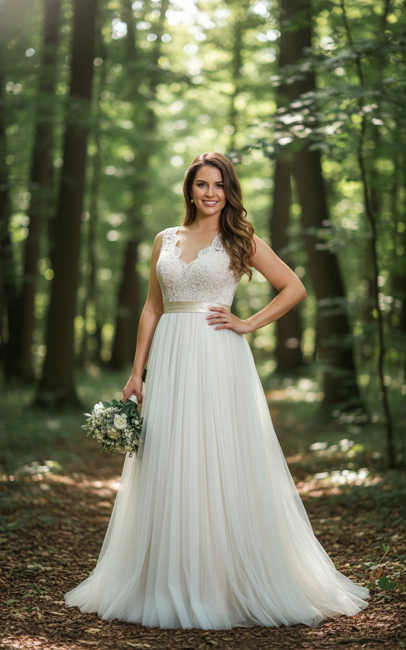 Scallop V-Neck Lace Bodice Tulle Skirt A-line Wedding Dress with Detachable Sash