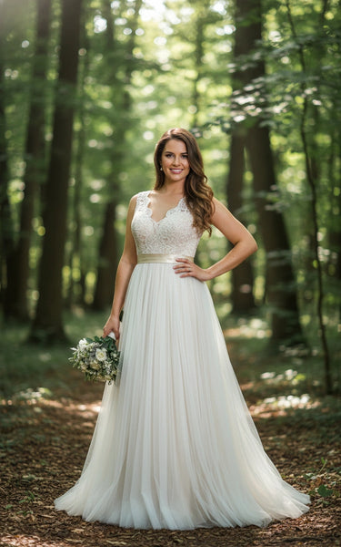 Scallop V-Neck Lace Bodice Tulle Skirt A-line Wedding Dress with Detachable Sash