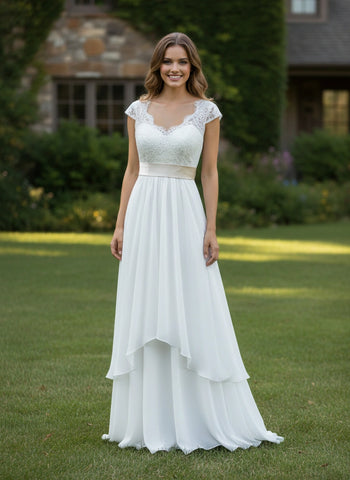V-Neck Cap Sleeves Lace Bodice Chiffon Skirt A-line Wedding Dress with Belt