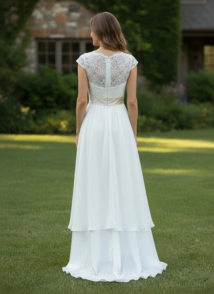 V-Neck Cap Sleeves Lace Bodice Chiffon Skirt A-line Wedding Dress with Belt