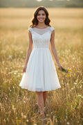 Cap Sleeves Scoop Neck Lace Bodice A-line Knee-length Chiffon Wedding Dress