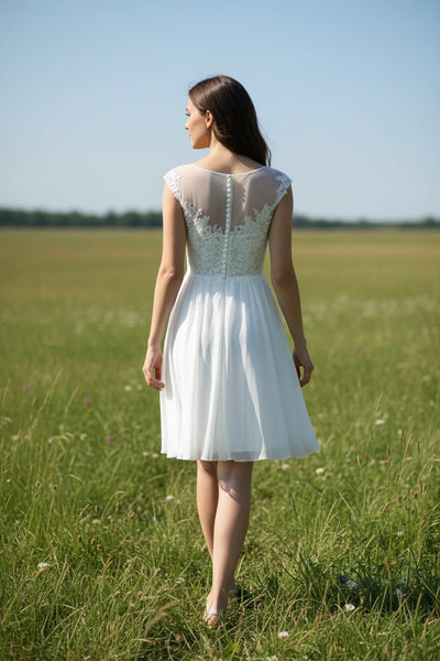 Cap Sleeves Scoop Neck Lace Bodice A-line Knee-length Chiffon Wedding Dress