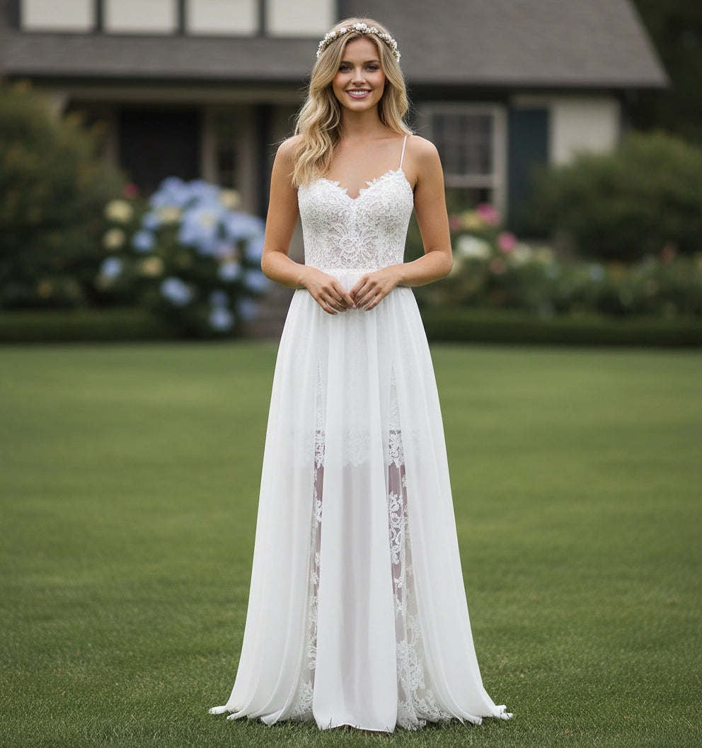 Spaghetti Straps Lace Bodice Lace and Chiffon Skirt A-line Wedding Dress