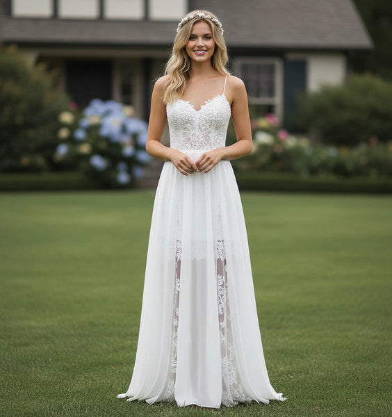 Spaghetti Straps Lace Bodice Lace and Chiffon Skirt A-line Wedding Dress