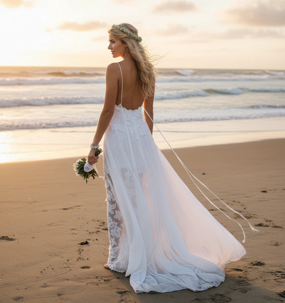 Spaghetti Straps Lace Bodice Lace and Chiffon Skirt A-line Wedding Dress