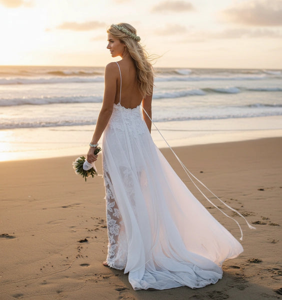 Spaghetti Straps Lace Bodice Lace and Chiffon Skirt A-line Wedding Dress