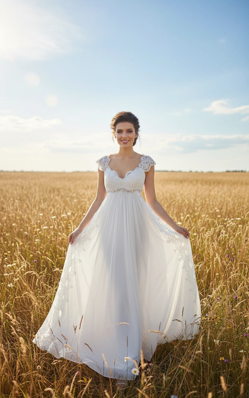 Cap Sleeves Lace Bodice Empire Waist Chiffon and Lace A-line Wedding Dress