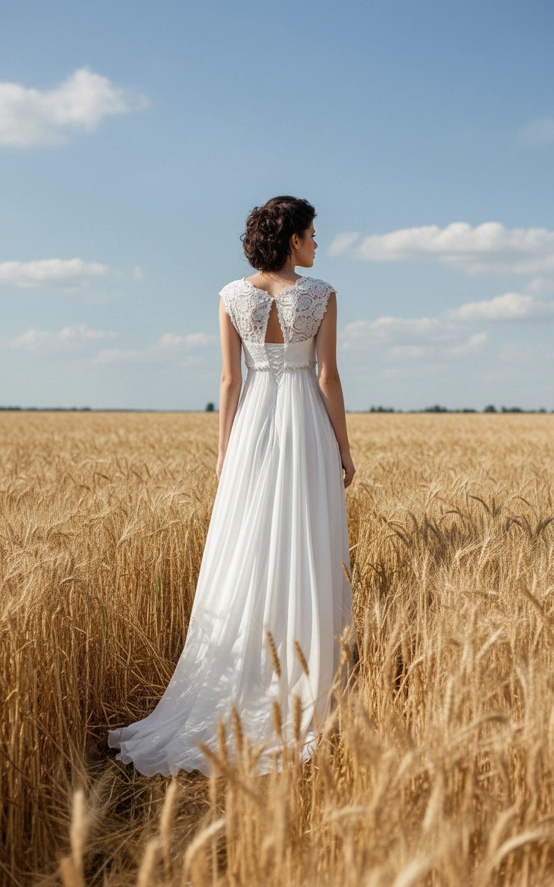 Cap Sleeves Lace Bodice Empire Waist Chiffon and Lace A-line Wedding Dress