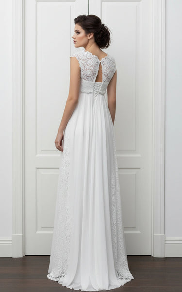 Cap Sleeves Lace Bodice Empire Waist Chiffon and Lace A-line Wedding Dress