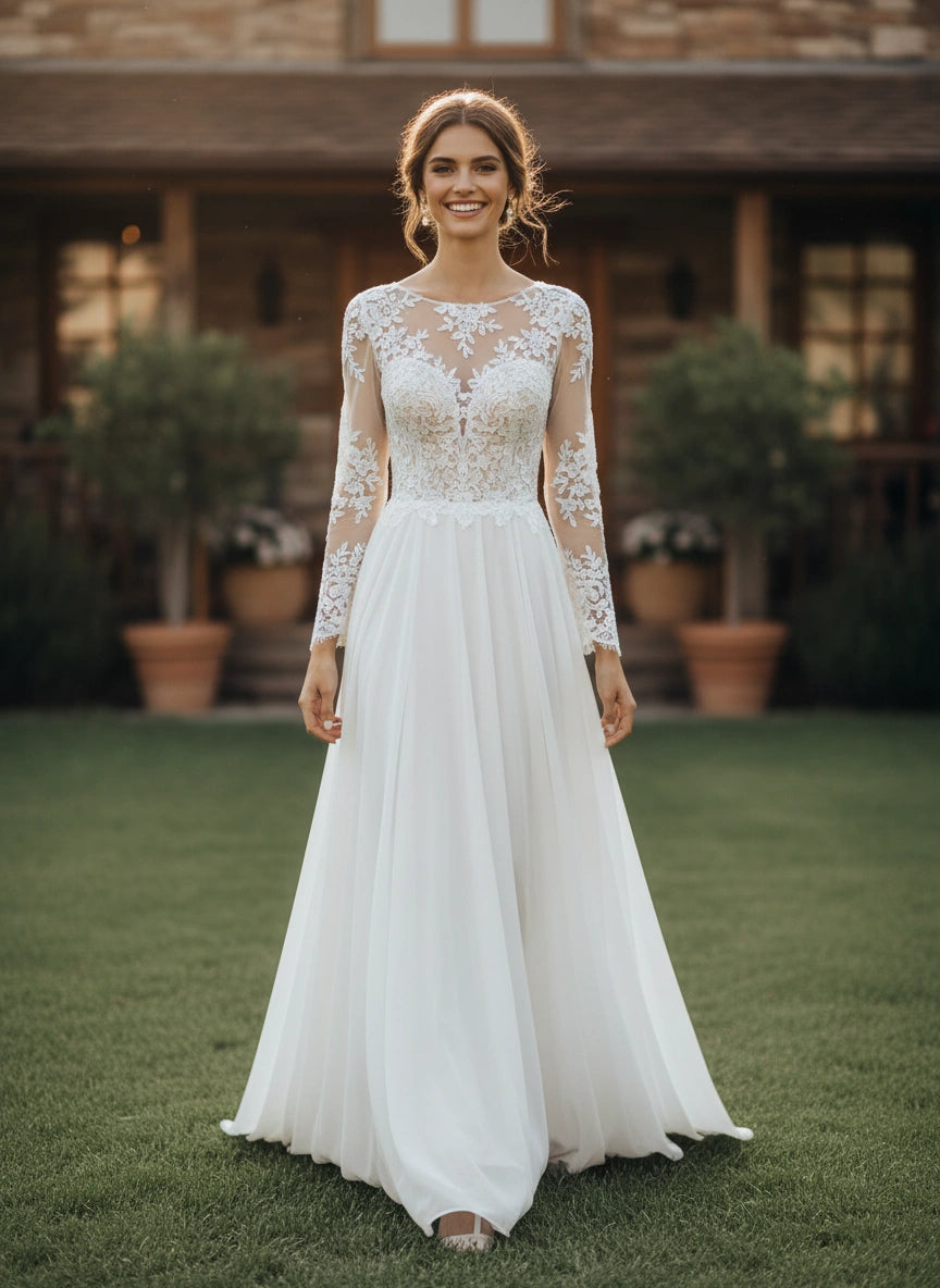 Illusion Back Jewel Neck Lace Bodice Long Sleeves Chiffon A-line Wedding Dress