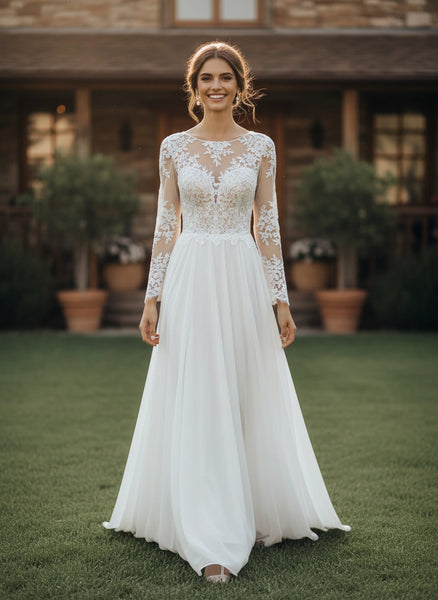 Illusion Back Jewel Neck Lace Bodice Long Sleeves Chiffon A-line Wedding Dress