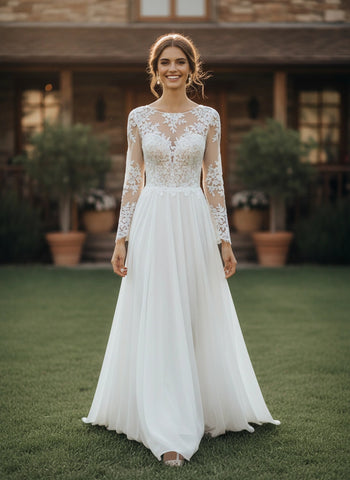 Illusion Back Jewel Neck Lace Bodice Long Sleeves Chiffon A-line Wedding Dress