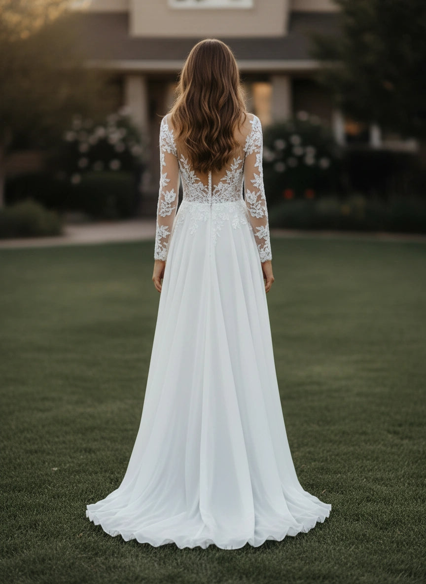 Illusion Back Jewel Neck Lace Bodice Long Sleeves Chiffon A-line Wedding Dress