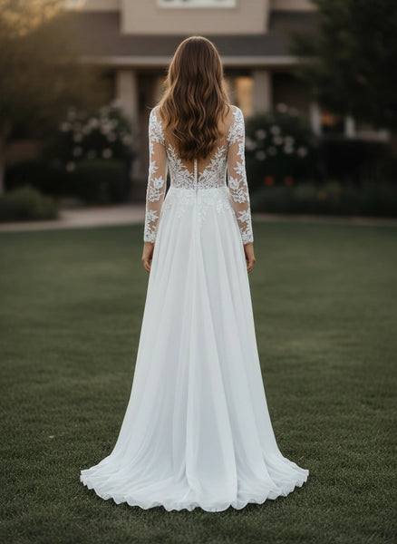 Illusion Back Jewel Neck Lace Bodice Long Sleeves Chiffon A-line Wedding Dress