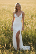 Spaghetti Straps V-neck Sheath Lace Wedding Dress with Slit