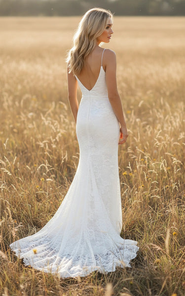 Spaghetti Straps V-neck Sheath Lace Wedding Dress with Slit