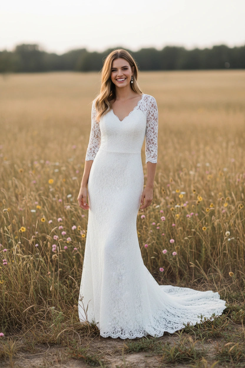 Illusion Back V-Neck 3/4 Sleeves Lace Sheath Wedding Dress Ms. Grace Illusion Back V-Neck 3/4 Sleeves Lace Sheath Wedding Dress Ms. Grace