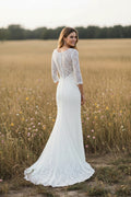 Illusion Back V-Neck 3/4 Sleeves Lace Sheath Wedding Dress