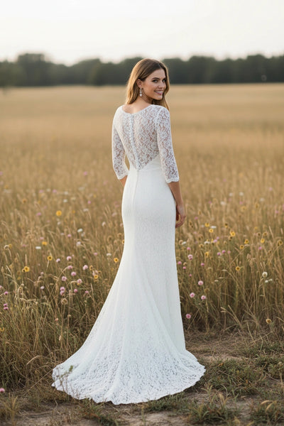 Illusion Back V-Neck 3/4 Sleeves Lace Sheath Wedding Dress