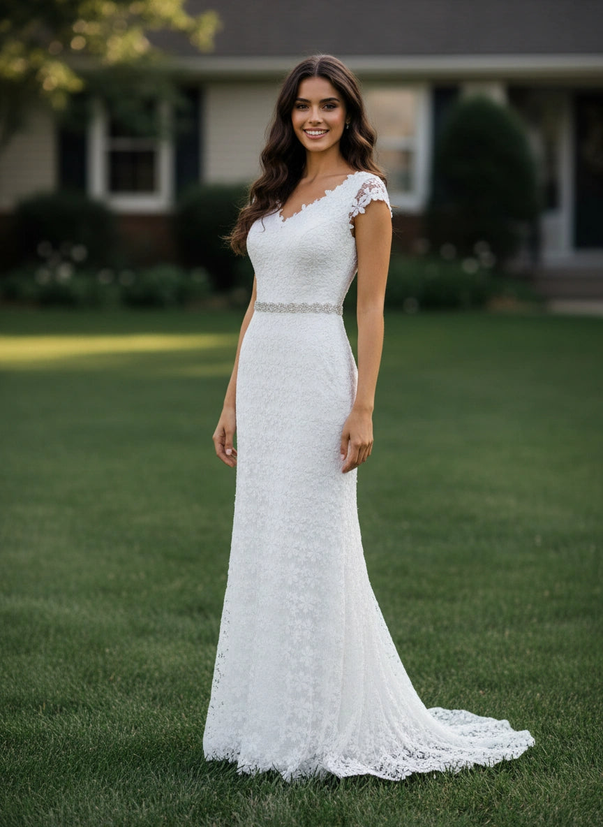 Cap Sleeves V-Neck Beaded Waist Sheath Lace Wedding Dress