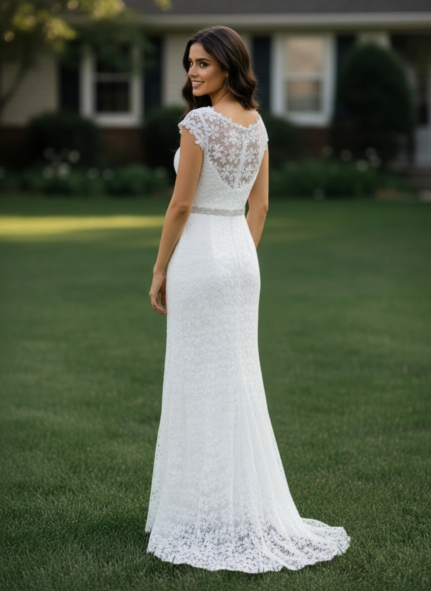 Cap Sleeves V-Neck Beaded Waist Sheath Lace Wedding Dress