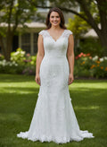 Cap Sleeves V-Neck Sheath Lace Wedding Dress