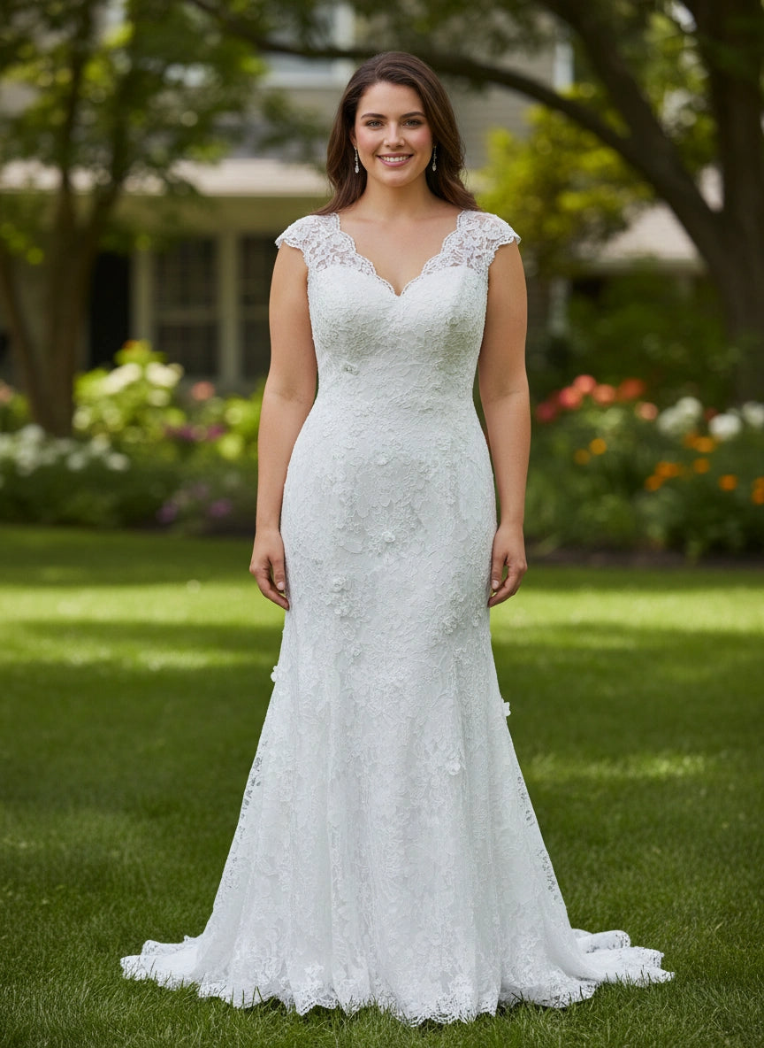 Cap Sleeves V-Neck Beaded Waist Sheath Lace Wedding Dress