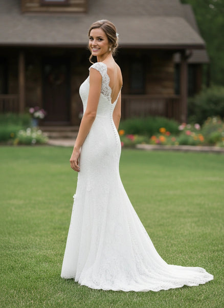 Cap Sleeves V-Neck Beaded Waist Sheath Lace Wedding Dress