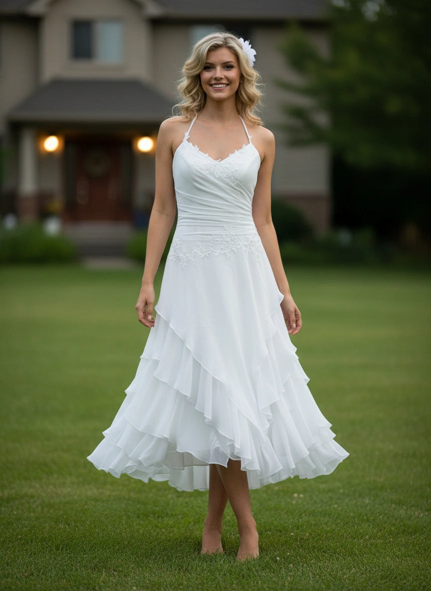 Halter Neck Pleated Bodice Layered Skirt Chiffon Tea Length Wedding Dress