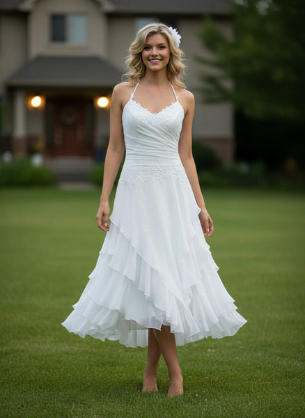 Halter Neck Pleated Bodice Layered Skirt Chiffon Tea Length Wedding Dress