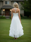 Halter Neck Pleated Bodice Layered Skirt Chiffon Tea Length Wedding Dress