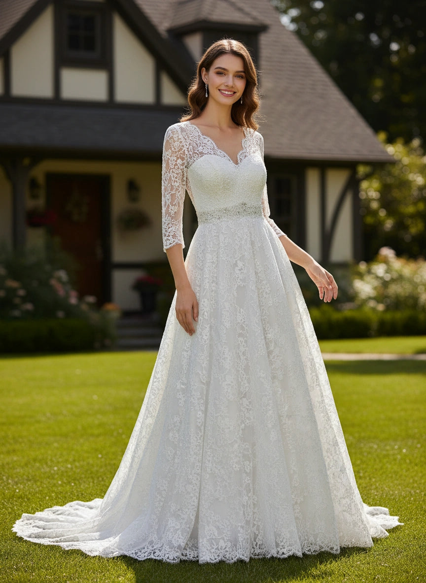 V-Neck 3/4 Sleeves Beaded Waist Lace A-line Wedding Dress