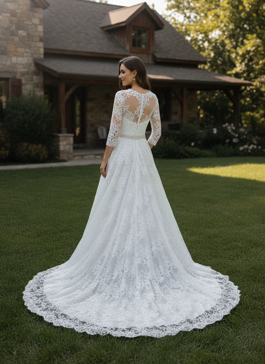 V-Neck 3/4 Sleeves Beaded Waist Lace A-line Wedding Dress