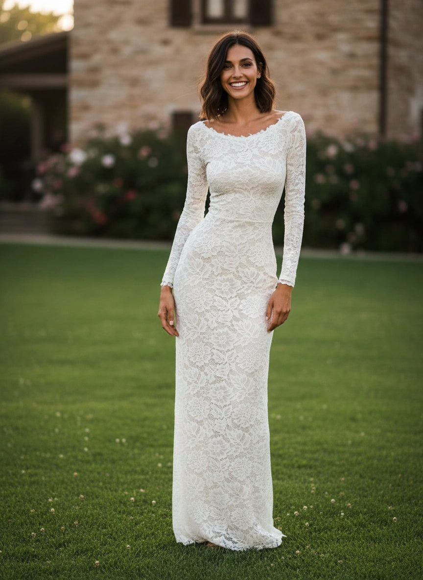 Scoop Neck Long Sleeves Lace Sheath Wedding Dress