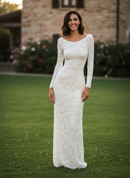 Scoop Neck Long Sleeves Lace Sheath Wedding Dress