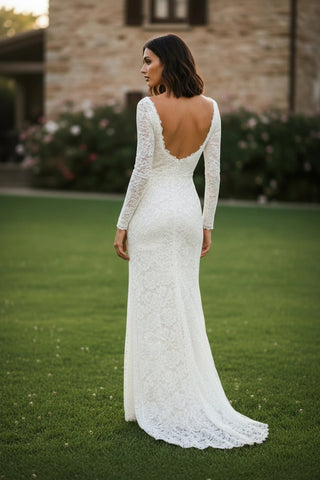 Scoop Neck Long Sleeves Lace Sheath Wedding Dress