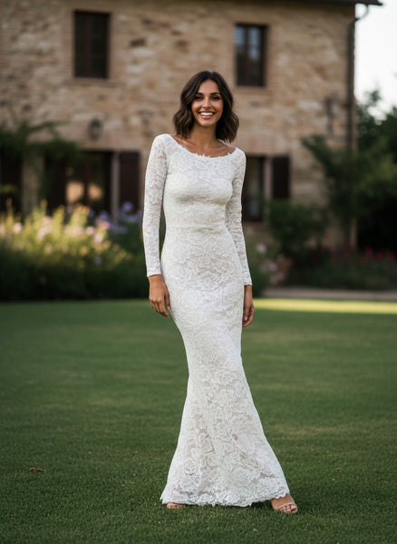Scoop Neck Long Sleeves Lace Sheath Wedding Dress