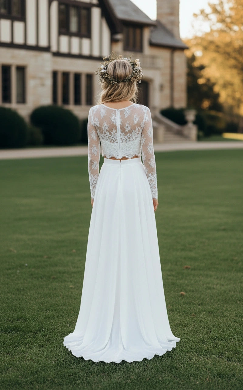 Two Piece Lace Bodice Long Sleeve Chiffon Skirt A-line Wedding Dress with Slit