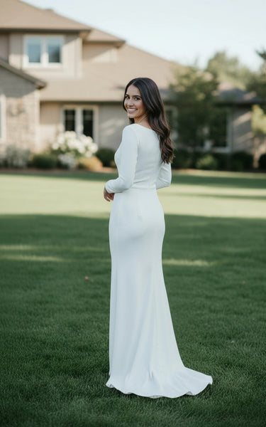 Modest Bateau Neck Long Sleeves Sheath Matte Satin Wedding Dress