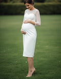 Illusion Jewel Neck 3/4 Sleeves Sheath Tea Length Maternity Wedding Dress