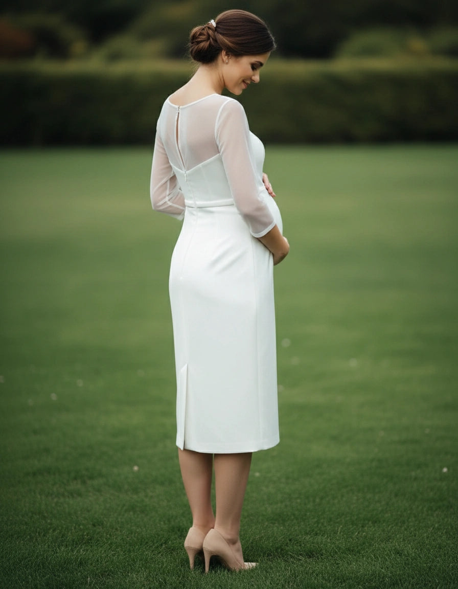 Illusion Jewel Neck 3/4 Sleeves Sheath Tea Length Maternity Wedding Dress