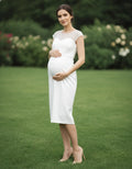 Cap Sleeve Illusion Jewel Neck Satin Tea Length Maternity Wedding Dress