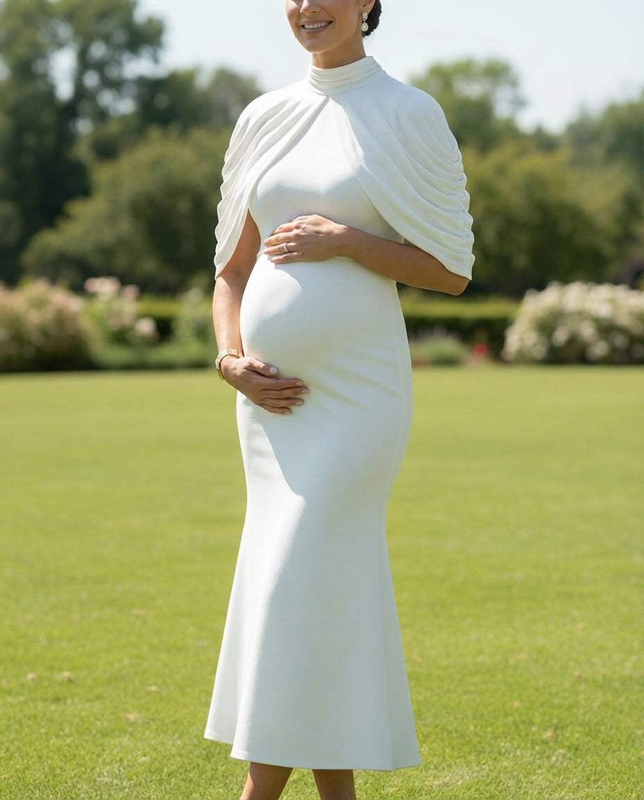High Neck Cowel Sleeves Fit and Flare Matte Satin Maternity Wedding Dress