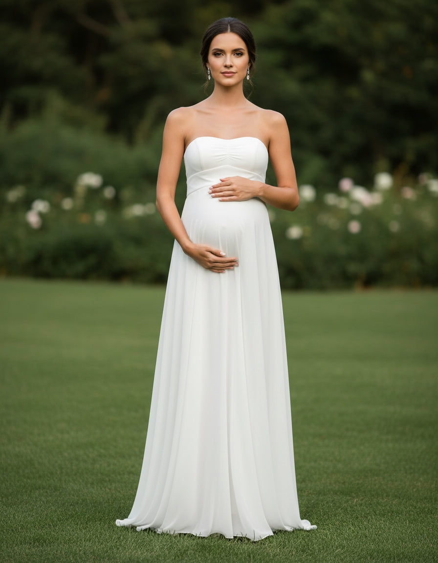 Strapless Empire A-line Chiffon Maternity Wedding Dress – Ms. Grace Strapless Empire A-line Chiffon Maternity Wedding Dress – Ms. Grace